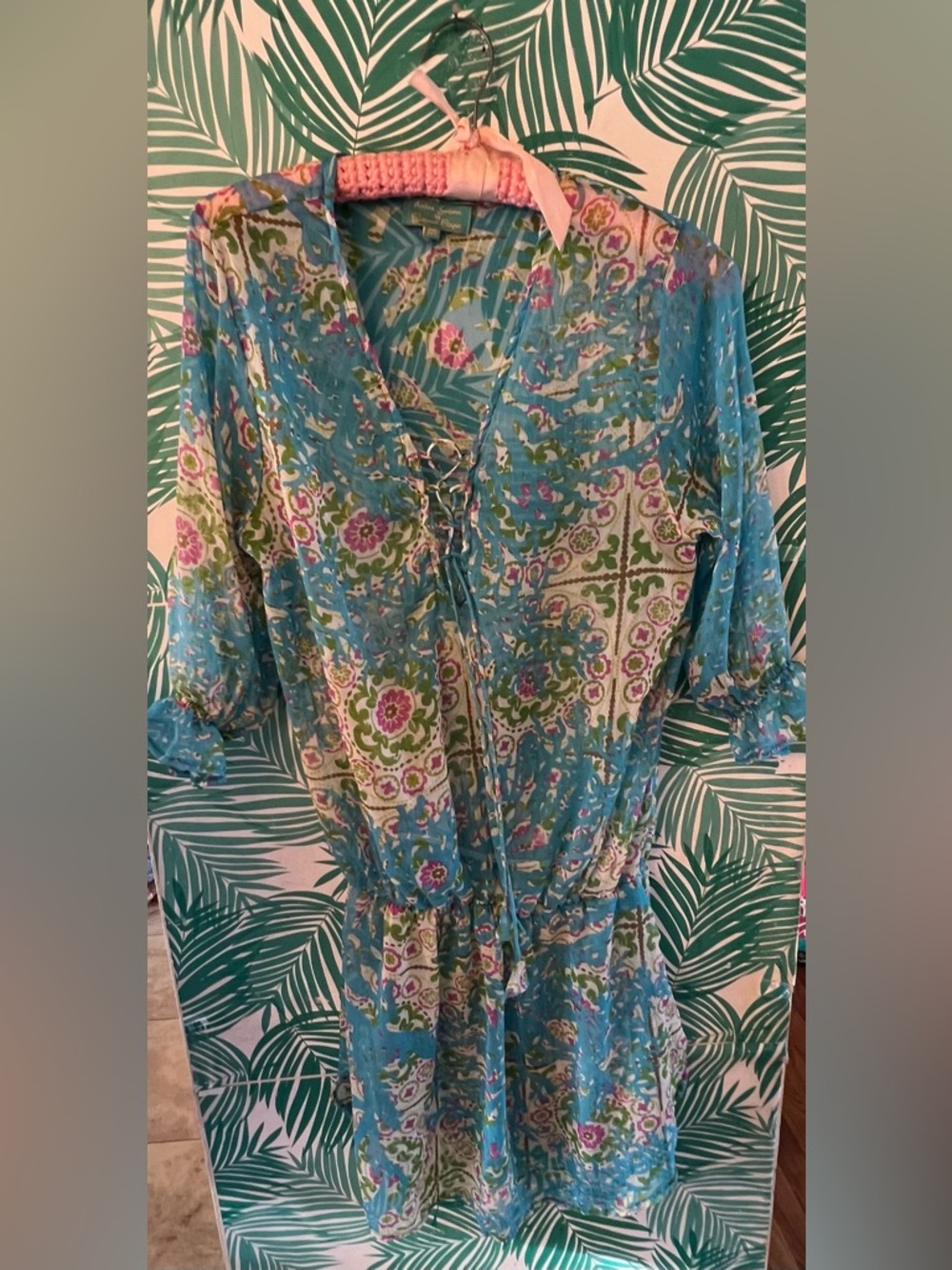 Antica Sartoria by Giacomo Cinque flower power kaftan cover up sheer blue one sz